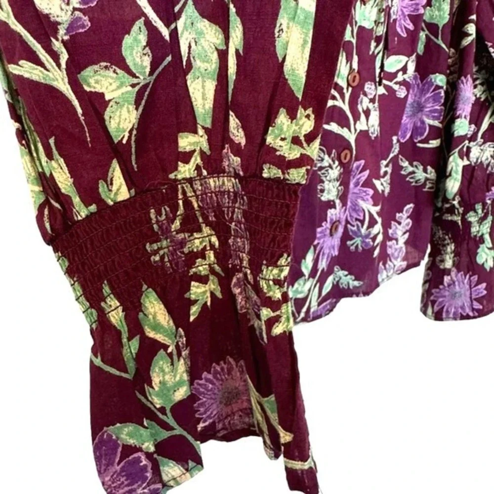 Free People Meant to Be Floral Puff‎ Sleeve Button Up Blouse Top NWT